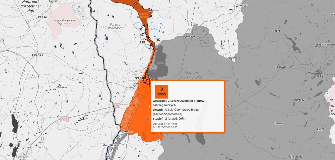 Uwaga mieszkańcy gminy Kołbaskowo! Ostrzeżenie hydrologiczne – możliwe wezbrania Odry
